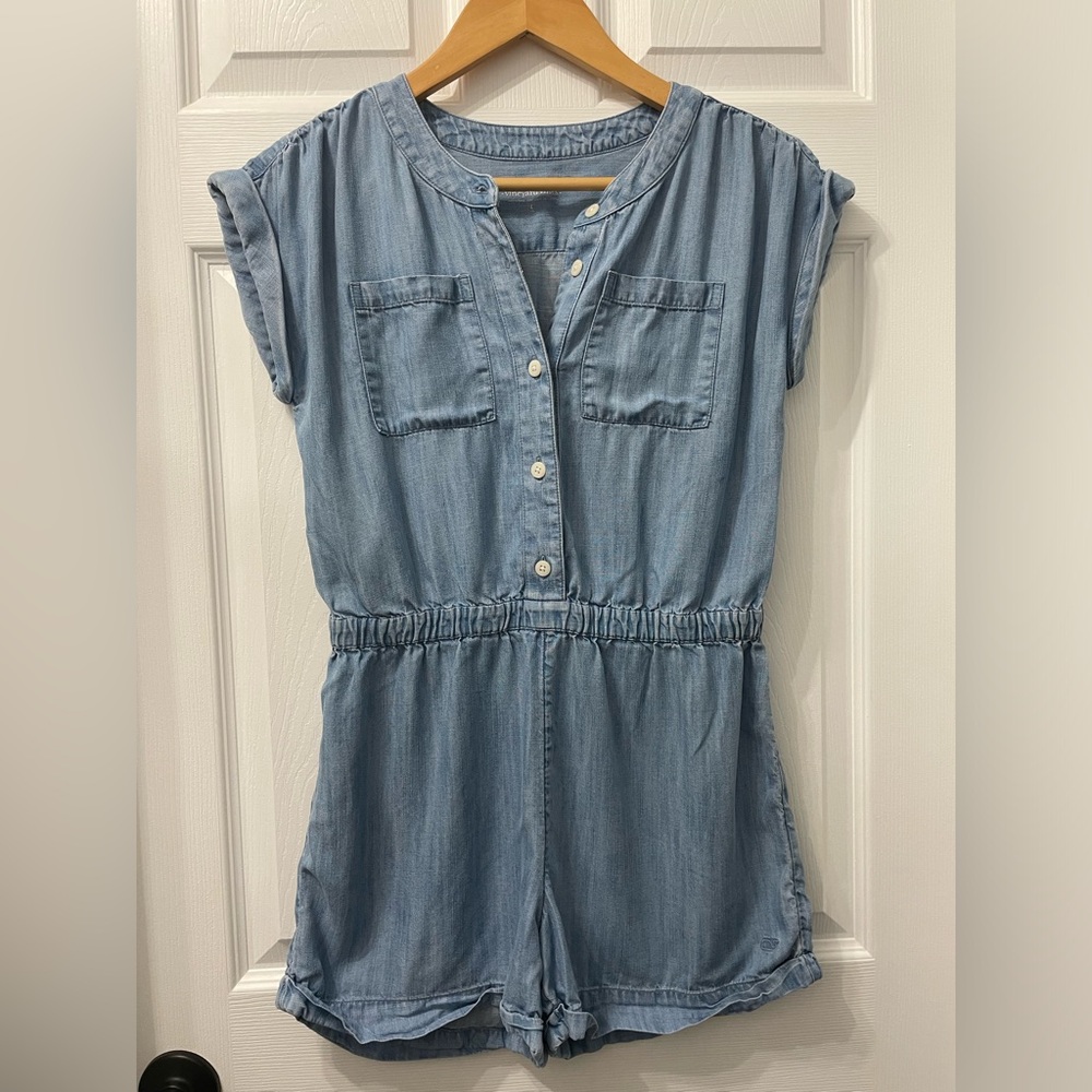 Vineyard Vines Romper Girls Large Youth Blue Chambray Short Sleeve Button Up
